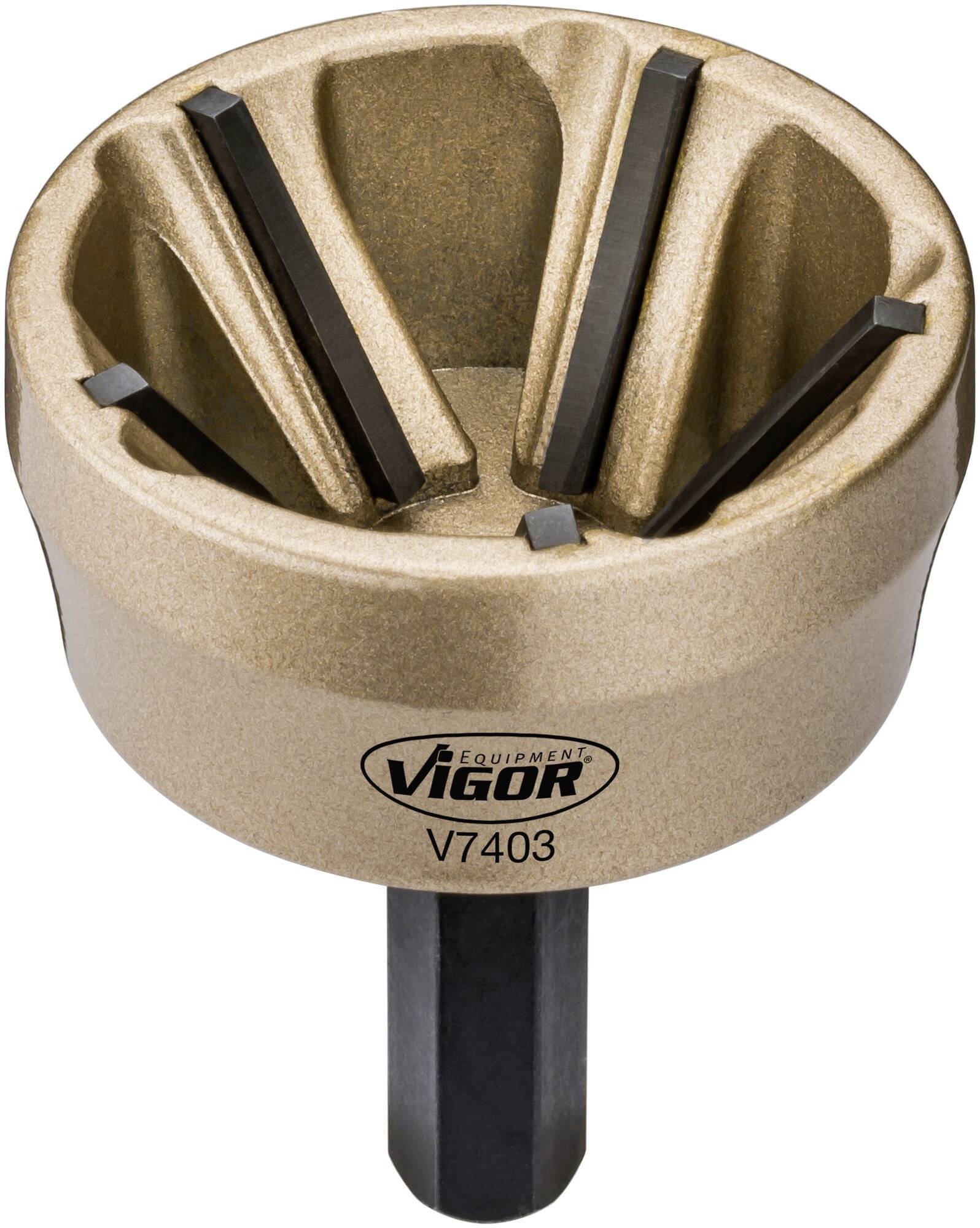 Deburring tool with a conical shape, six blades and a hexagonal shaft, marked with 'VIGOR, V7403' on the top surface.