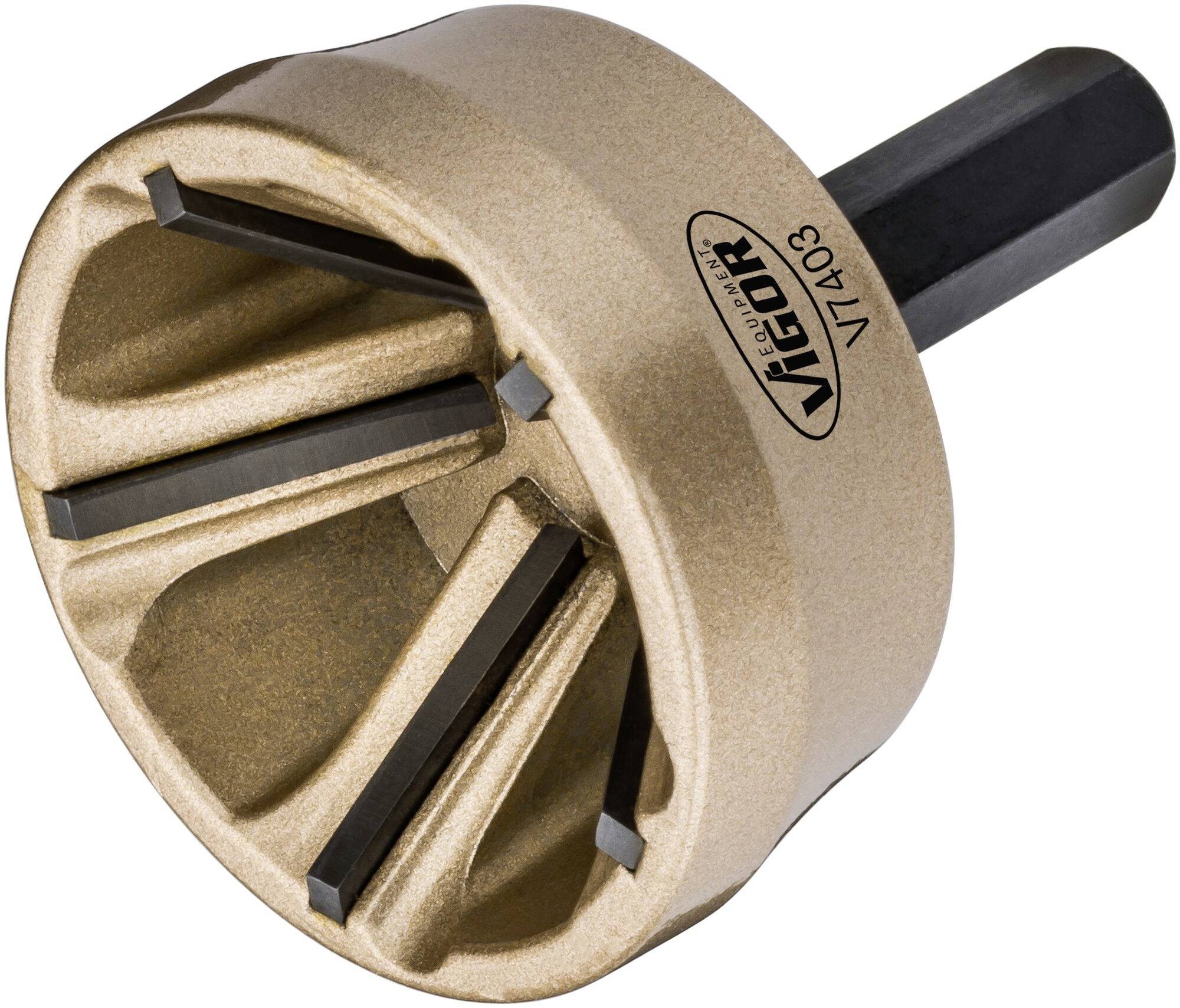 Deburring tool with a cylindrical handle and angled cutting edges, used for removing burrs and edges from metal surfaces.
