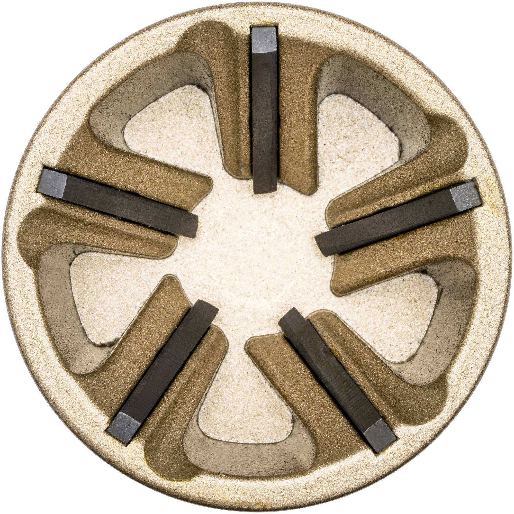 Round ceramic building component with black inserts in symmetrical arrangement.