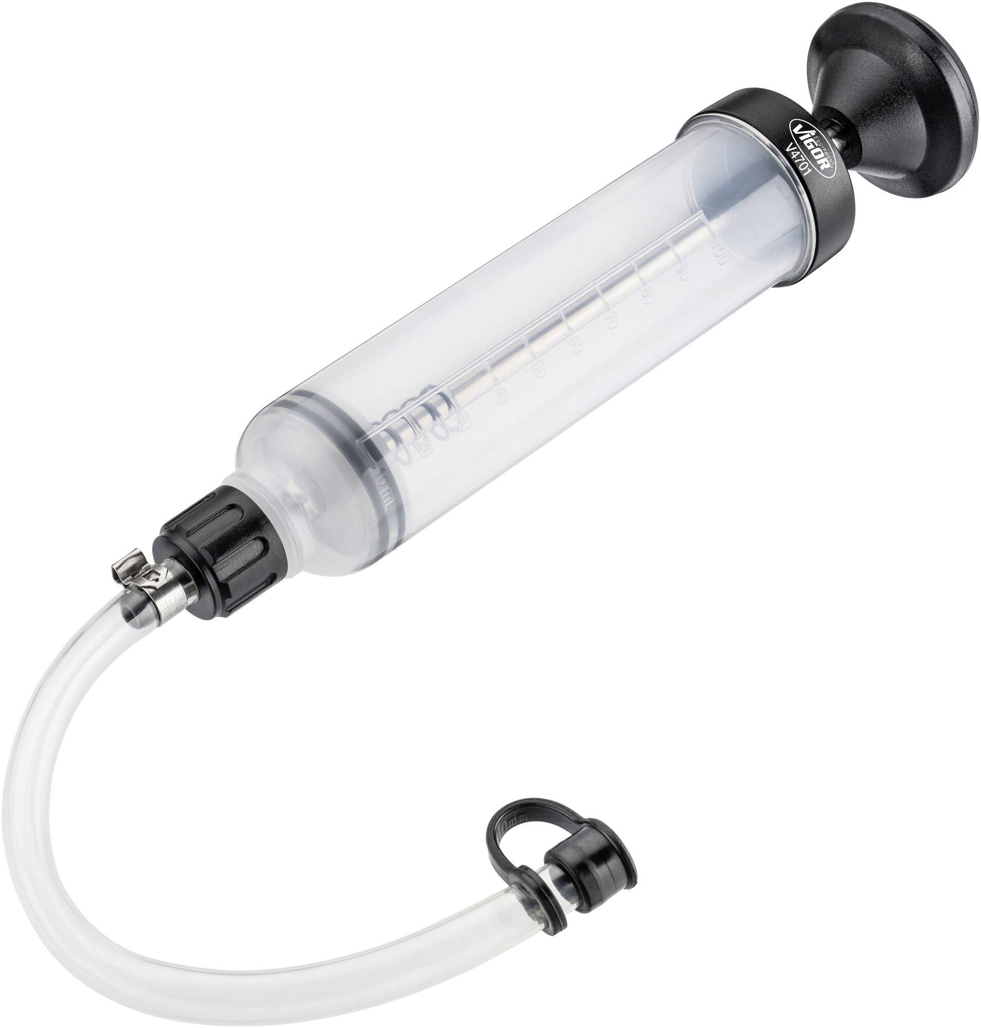 Black pump with transparent cylinder and curved hose. Commonly used for removing or filling liquids.