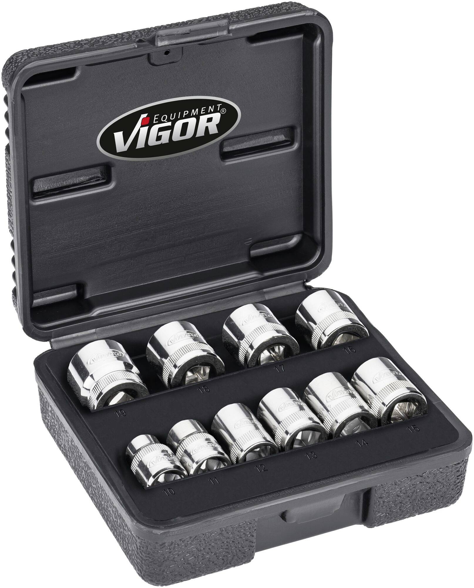 Open black toolbox with nine gleaming sockets, marked as 'Vigor Equipment'.