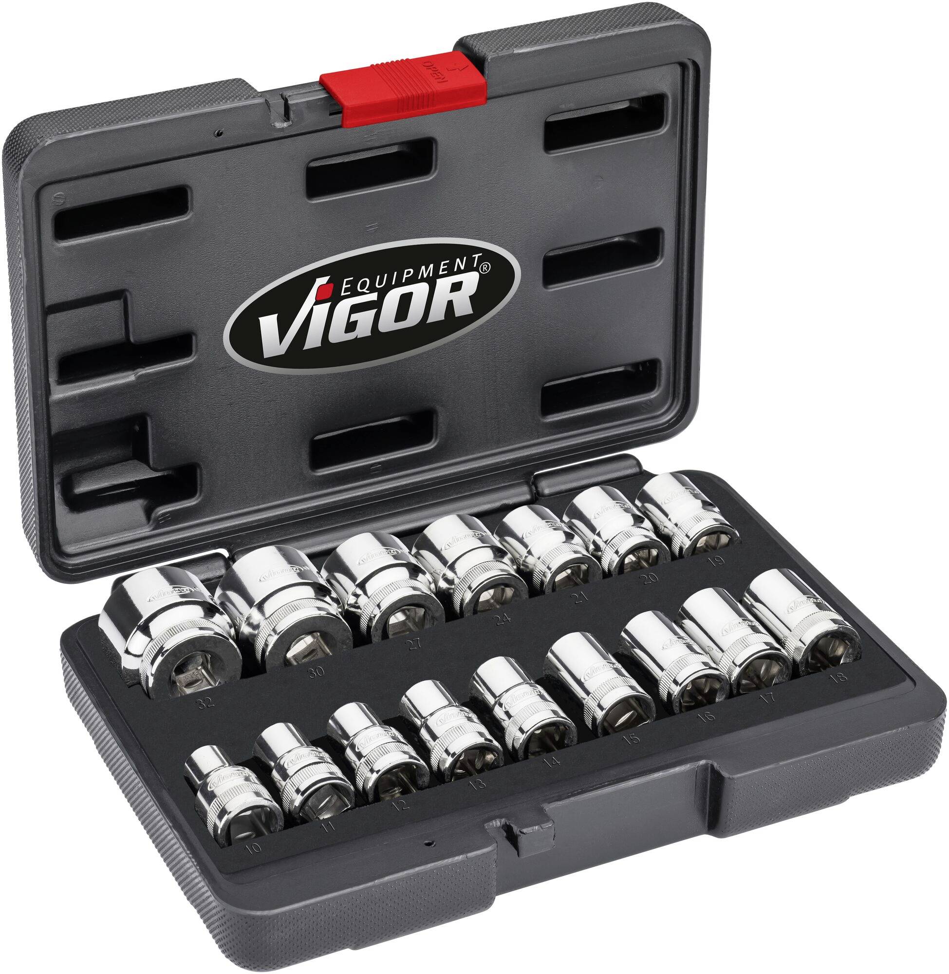 Opened tool case with various silver socket wrenches from 'Vigor Equipment'.