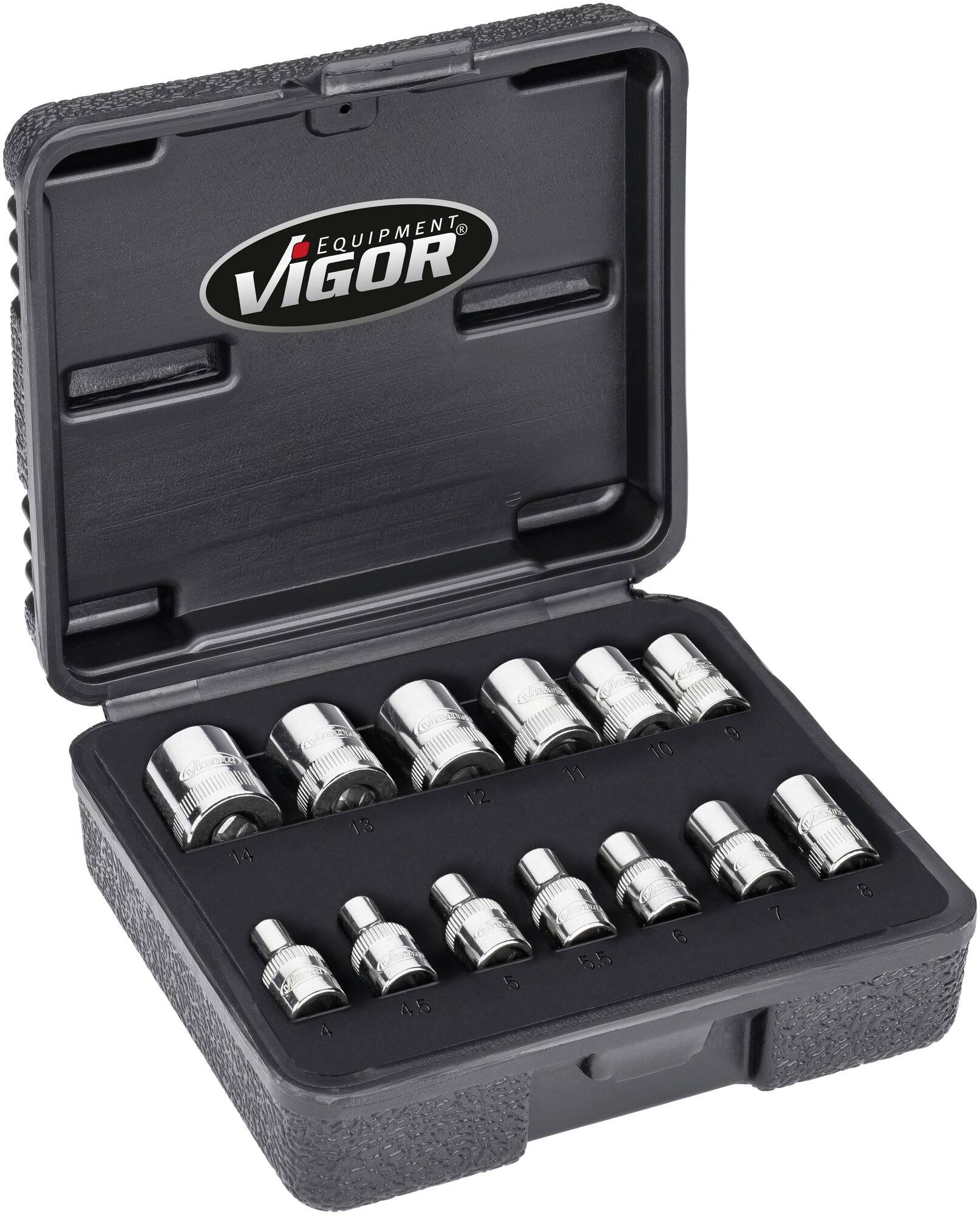 An open tool case with various socket wrenches in a foam insert; brand logo 'Vigor' inside the lid.
