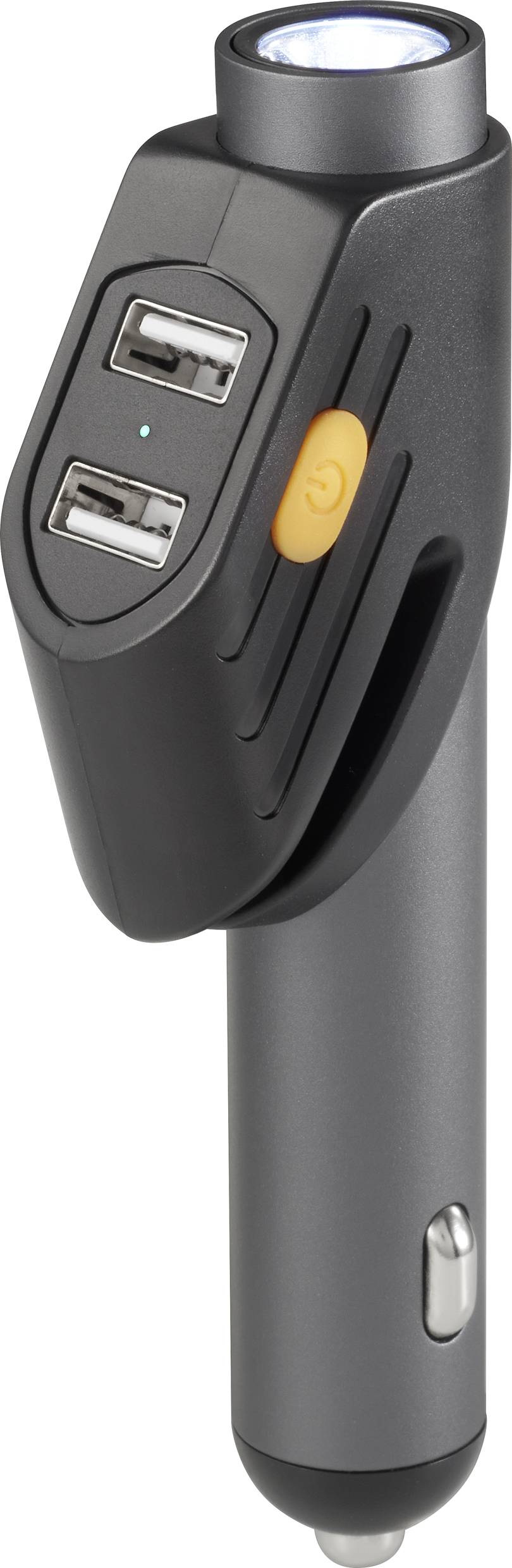 Car charger with two USB ports and built-in LED torch. Black casing with yellow power button.
