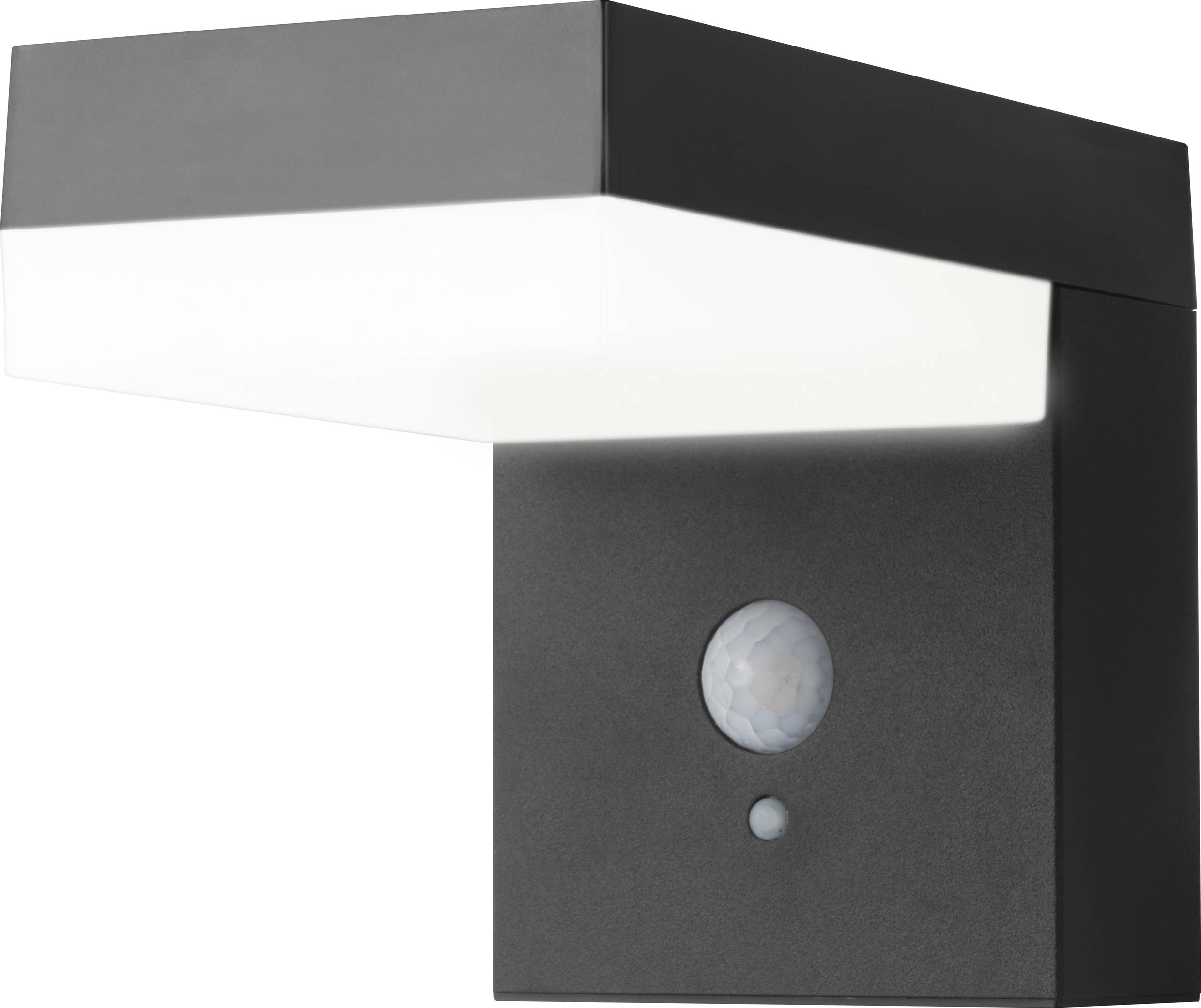A modern, black exterior wall light with a rectangular design and integrated motion sensor. Suitable for house facades.