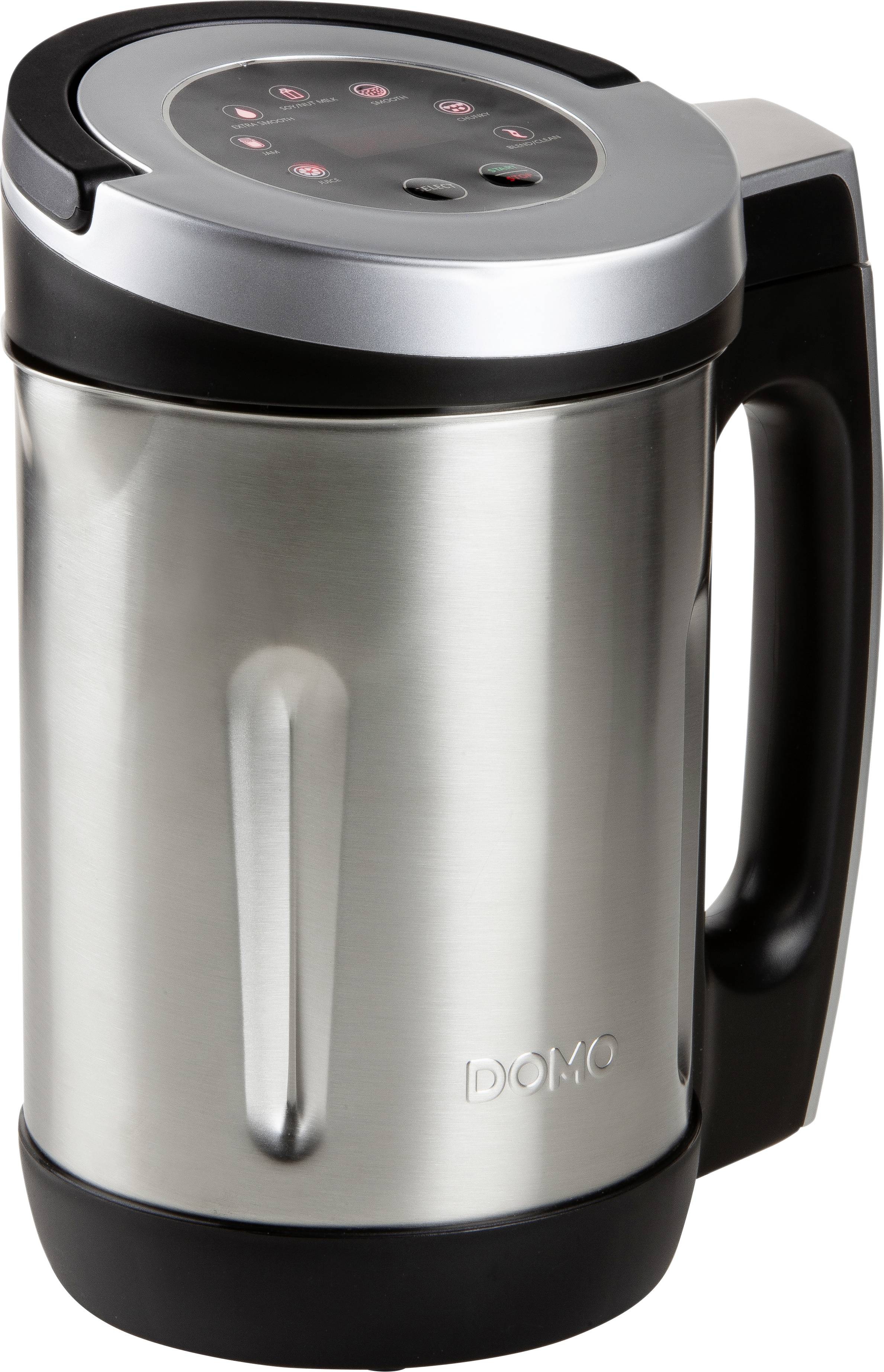 A silver electric soup maker with a black handle and closed lid. Several illuminated buttons are visible on the top surface.