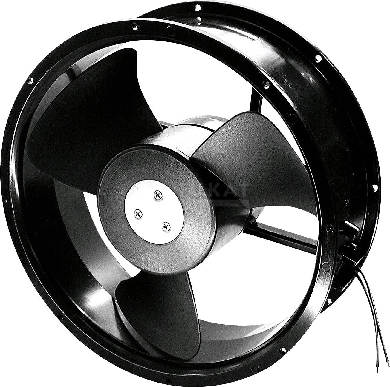 A black four-bladed fan, suitable for industrial applications. Cables hang down the side.