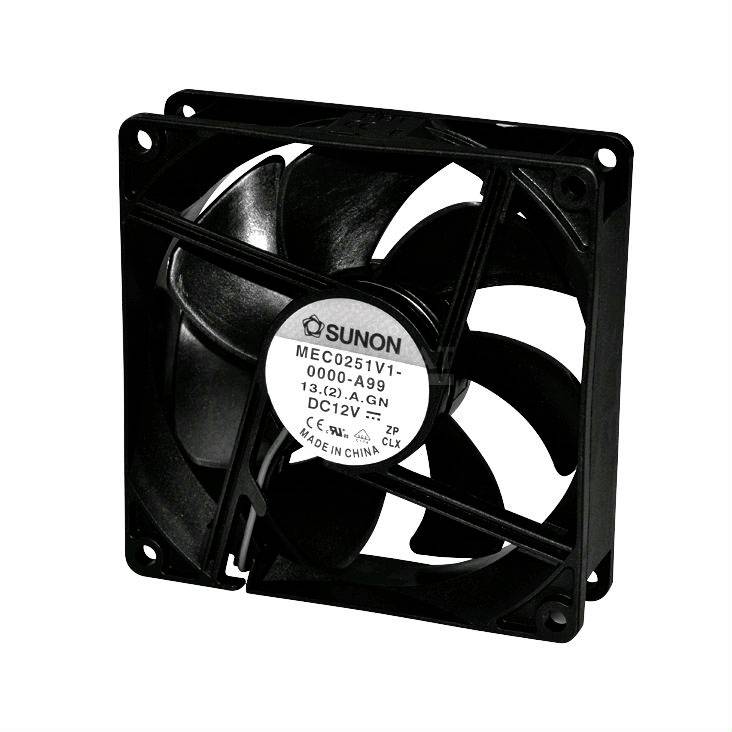 A square, black fan with a product sticker on the front. Suitable for cooling in electronic devices.