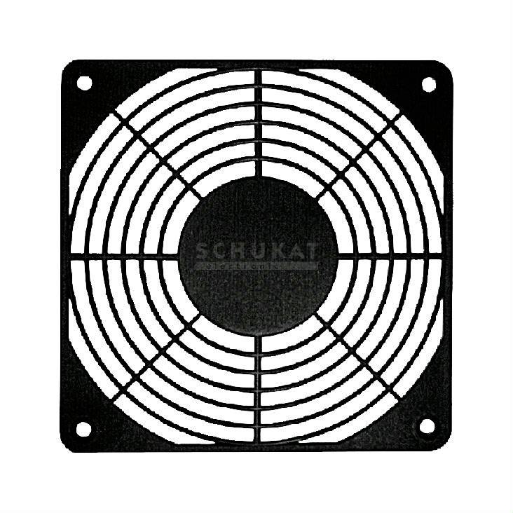 Black metal ventilation grille with a circular, mesh-like design; four mounting holes in the corners.