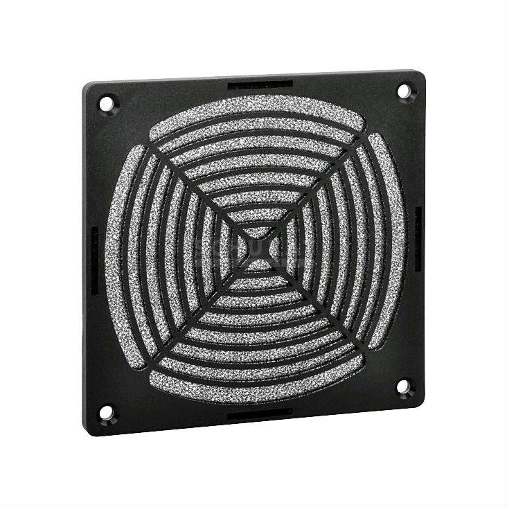 Square black fan grille with circular grooves and four mounting holes at the corners.