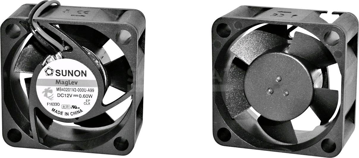 Two black fans, one showing the front with manufacturer details and cables, the other showing the reverse side with two screw holes.