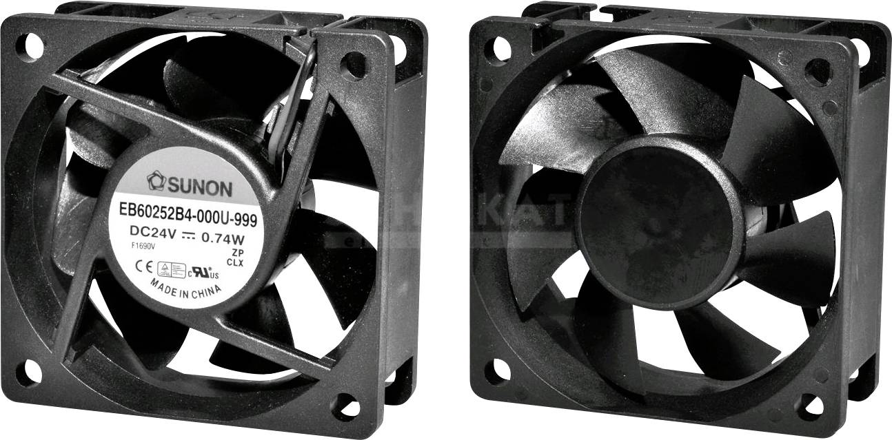 Two black fans of identical size and shape. Both have five blades and show the front and back views respectively.