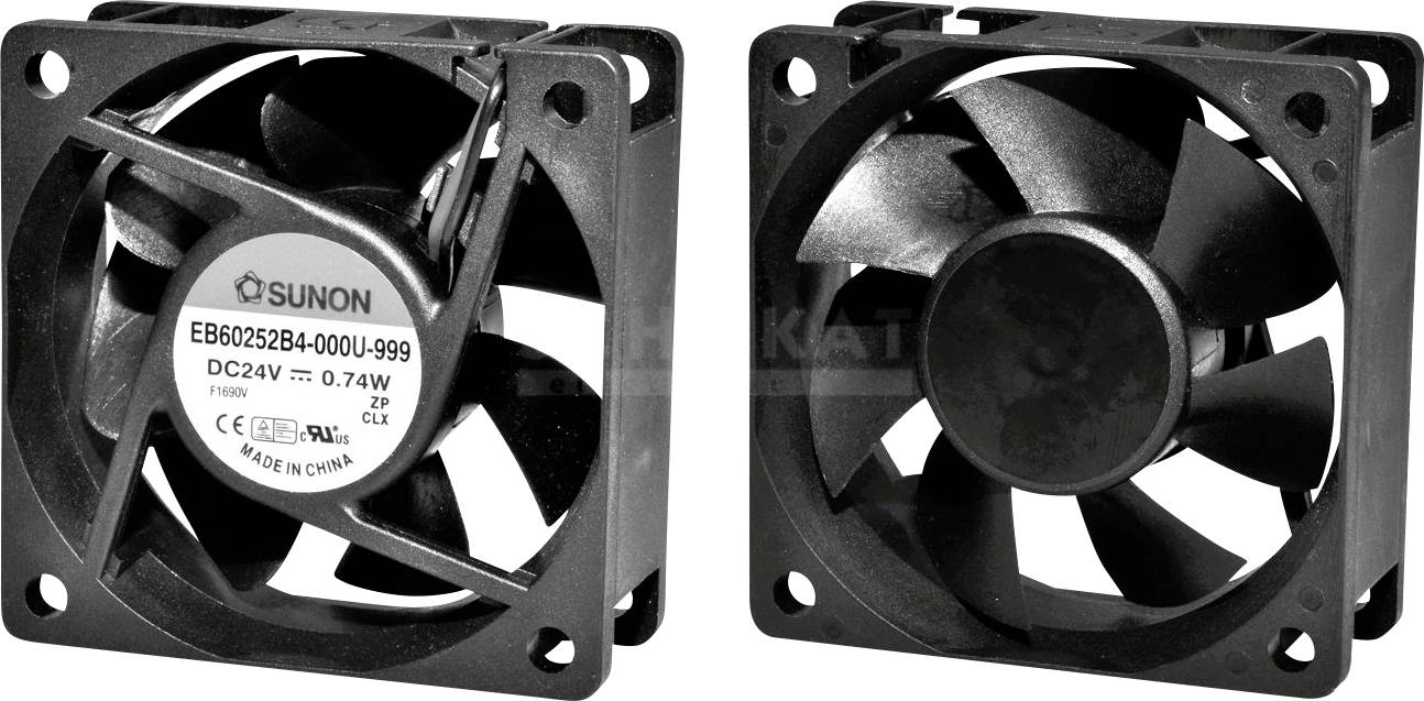 Two black computer fans, viewed from the side and front. Both have four blades and a label with model numbers.
