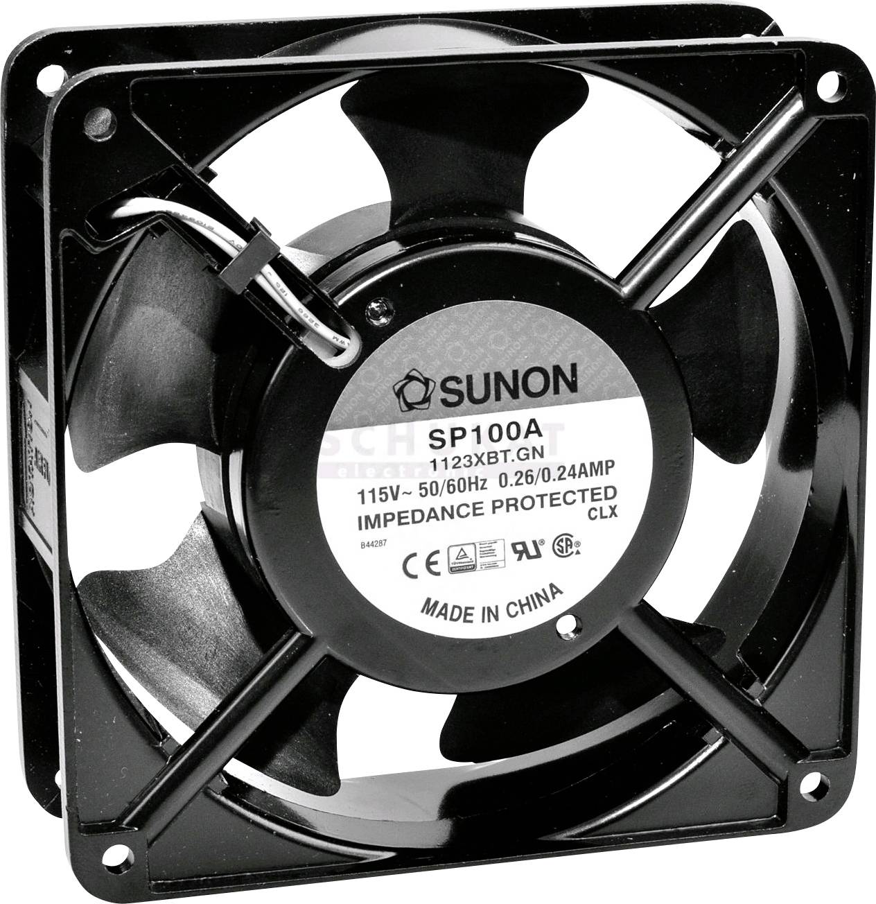 A black fan with a metal frame by SUNON, model SP100A. Operating voltage 115V-50/60Hz, manufactured in China.