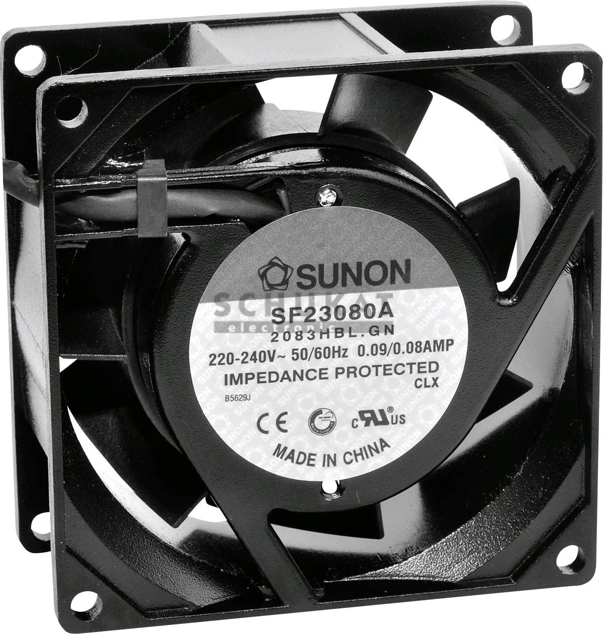 A black fan with a circular label describing technical specifications such as model number, voltage, power consumption, and protection rating.