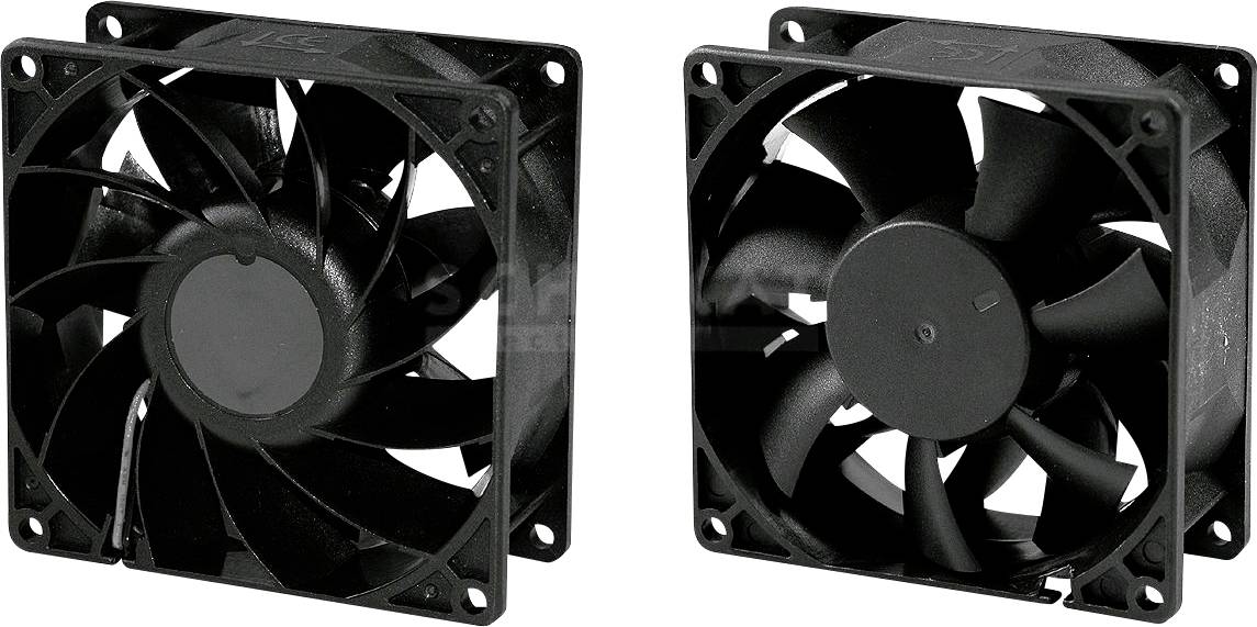 Two black computer fans, shown from the front and side, with multiple blades designed for cooling electronic devices.