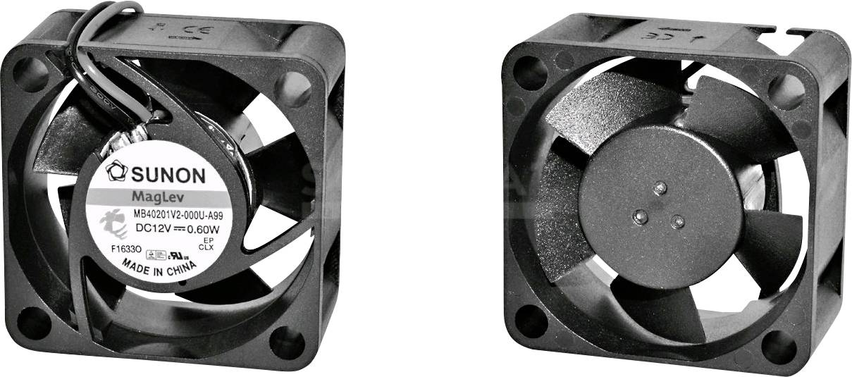 'Two black fans. The left one shows the internal label reading 'SUNON MagLev', the right one displays the fan blades from the front.'