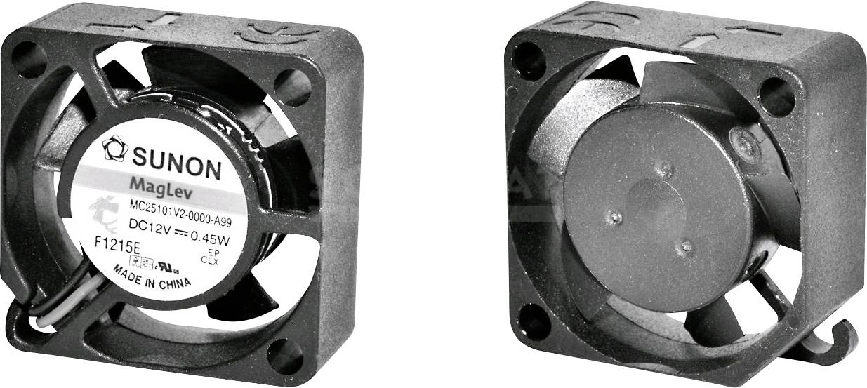 'Sunon MagLev' Fan. Front and rear view. Compact, for computer cooling. Operating voltage: 12V, Power: 0.45W.