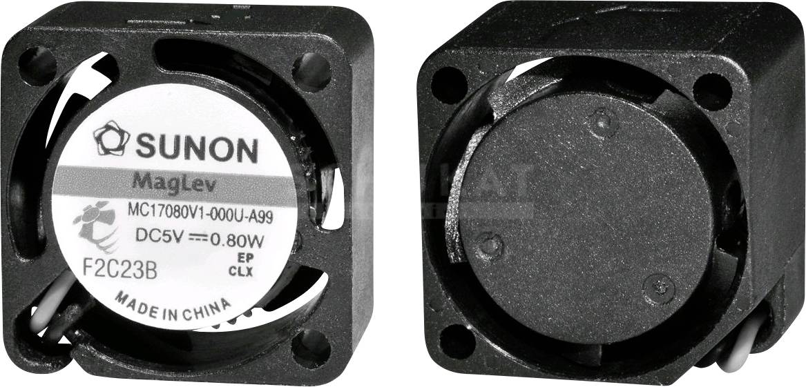 Two small, black fan modules. On the left, the label shows details such as brand and voltage: 5V, 0.80W. On the right, the front of the fans.