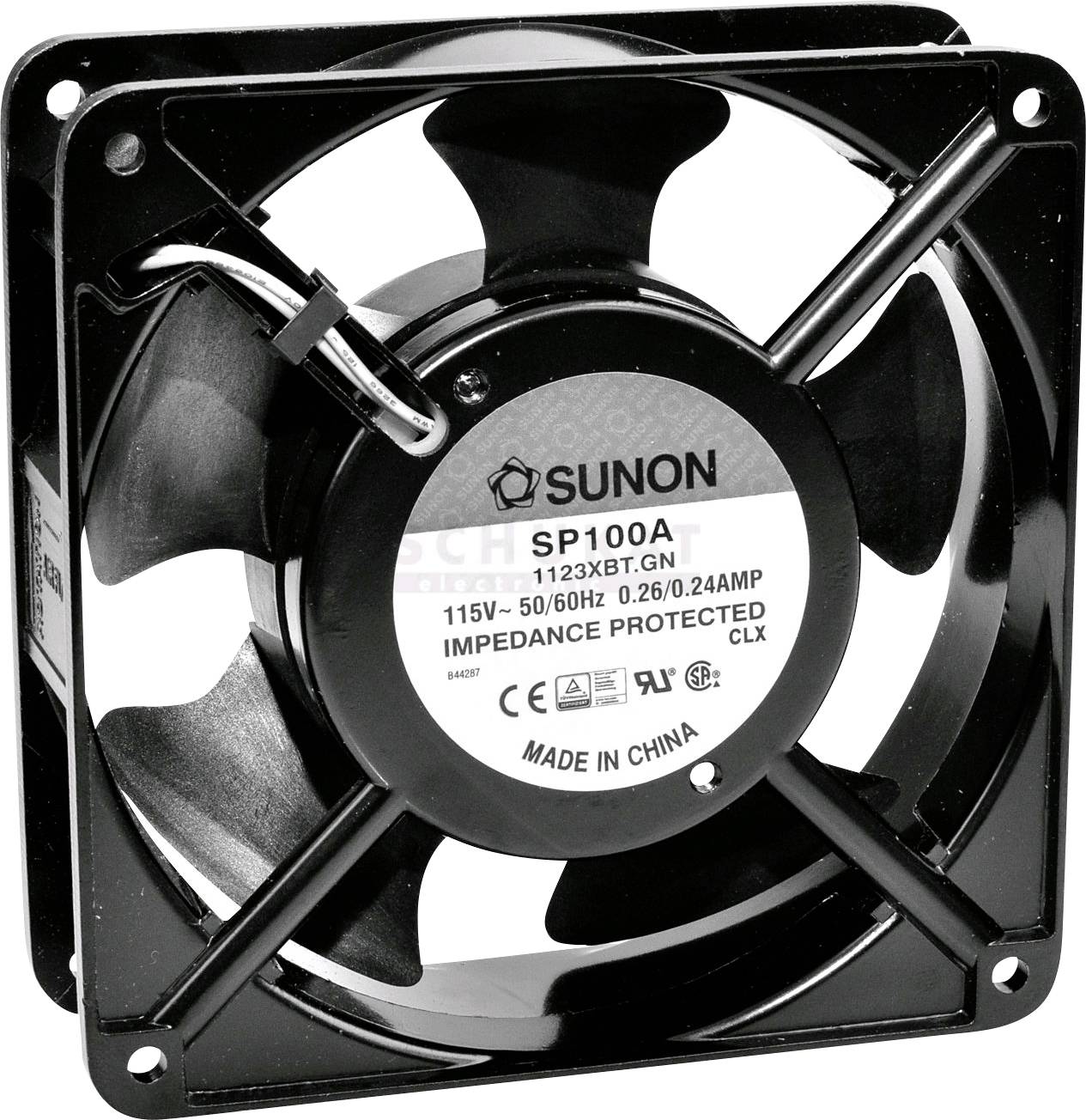 A black fan with four blades and a sticker reading 'SUNON SP100A 115V 50/60Hz'.