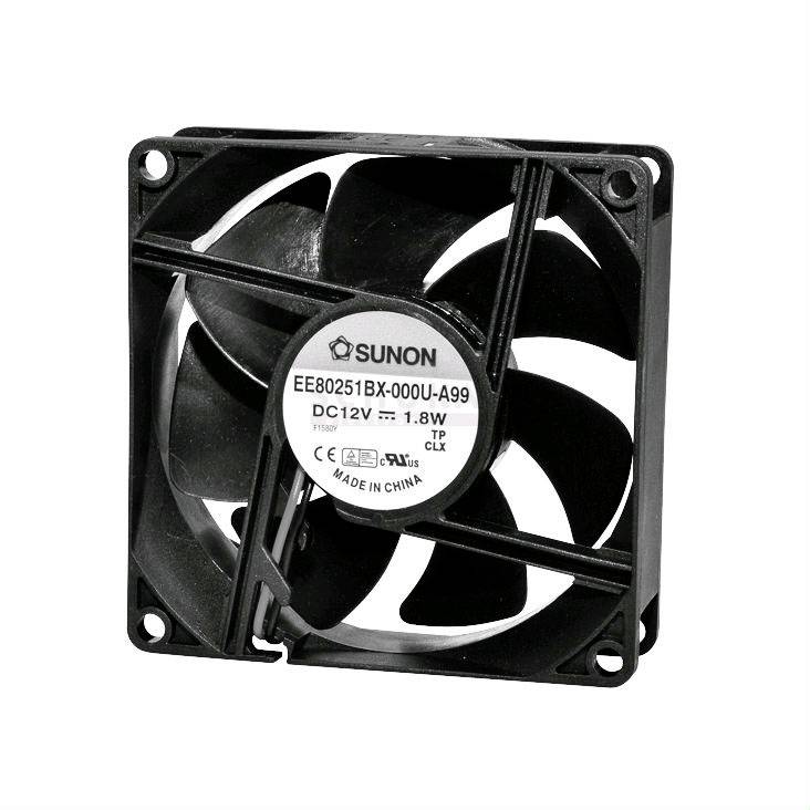 SUNON fan, model EE80251BX-000U-A99, 12V, 1.8W, made of black plastic, square, with five blades.