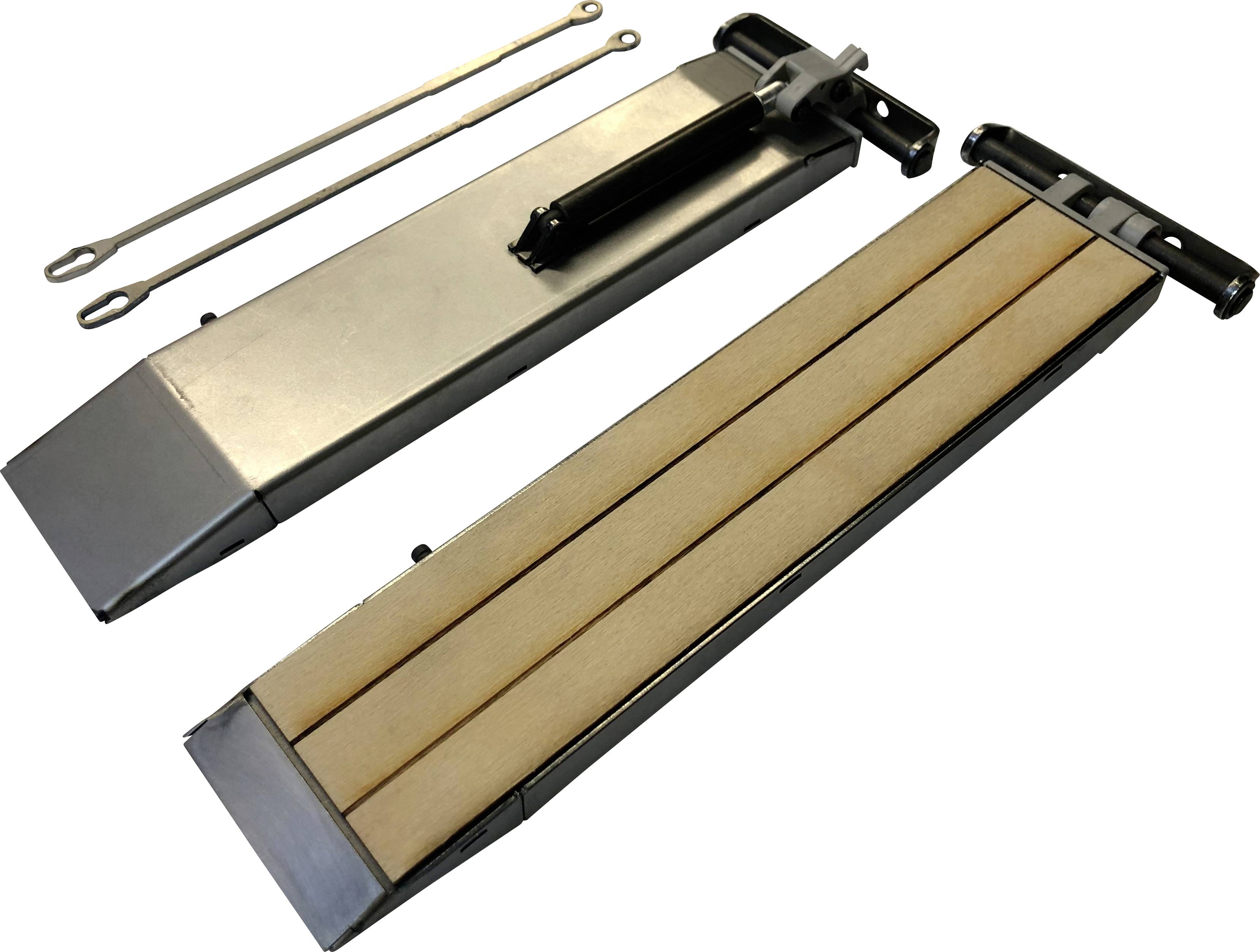 A set of two metal barbecue skewers and a charcoal insert with wooden slats, likely used for a barbecue.