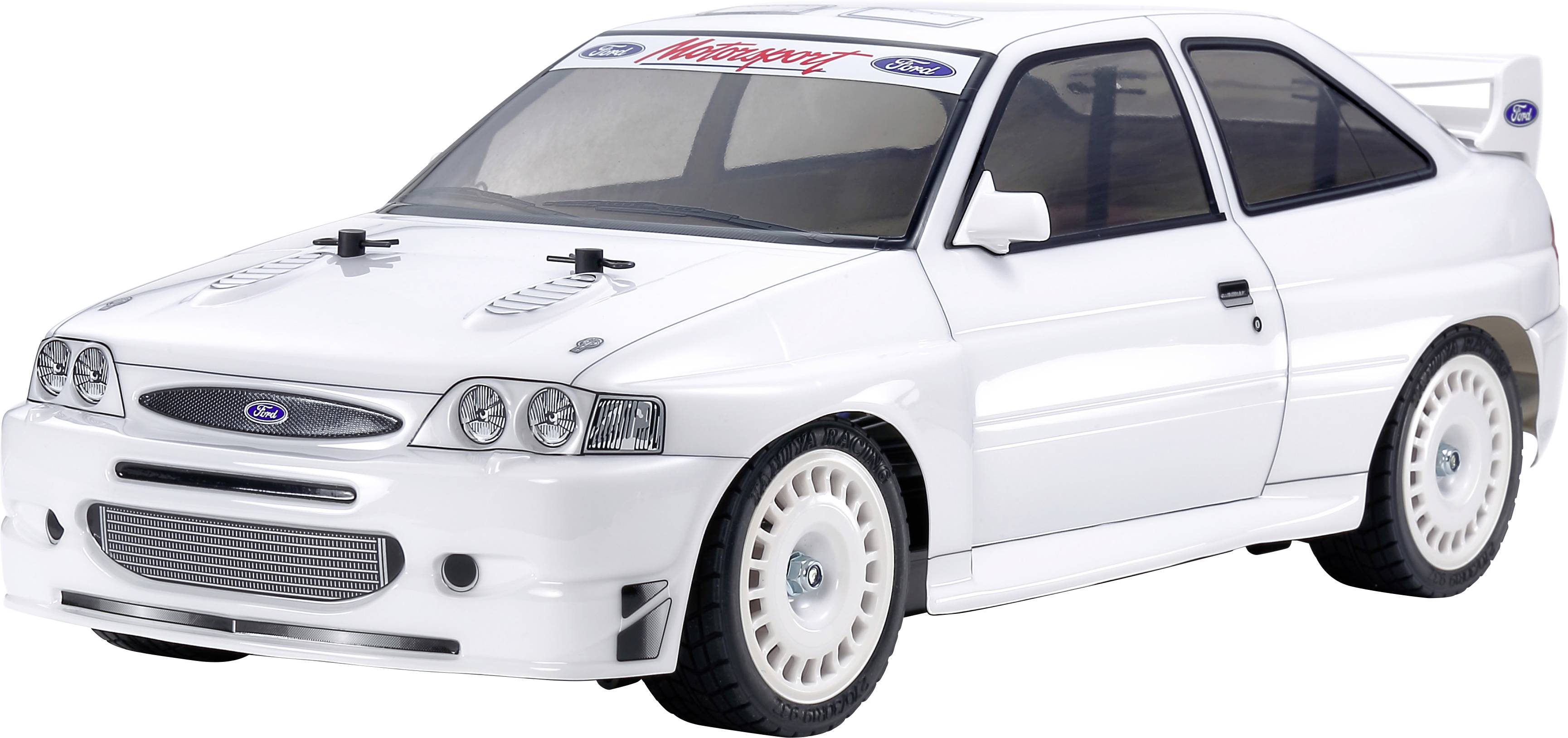 A white model car in rally style with blue Ford stickers, sporty alloy wheels, and ventilation slots on the bonnet.