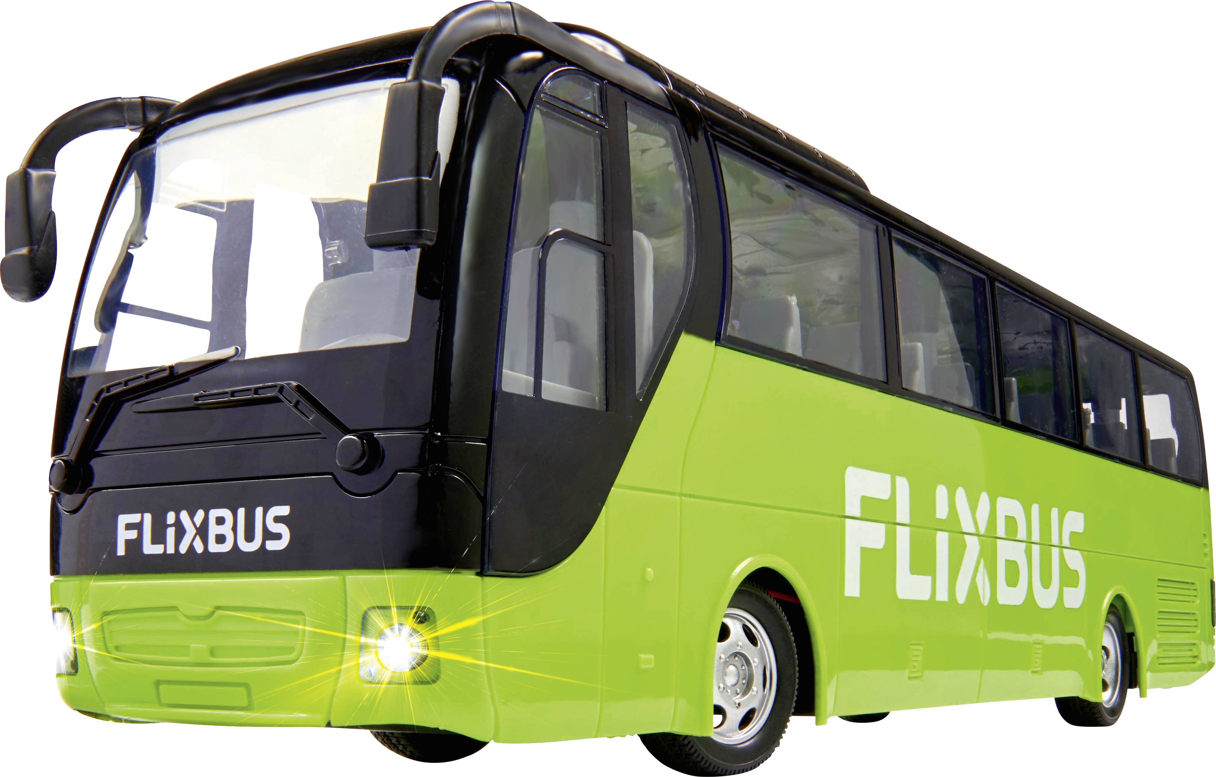 Green coach with the 'FlixBus' logo on its side, driving in an urban setting during daylight.
