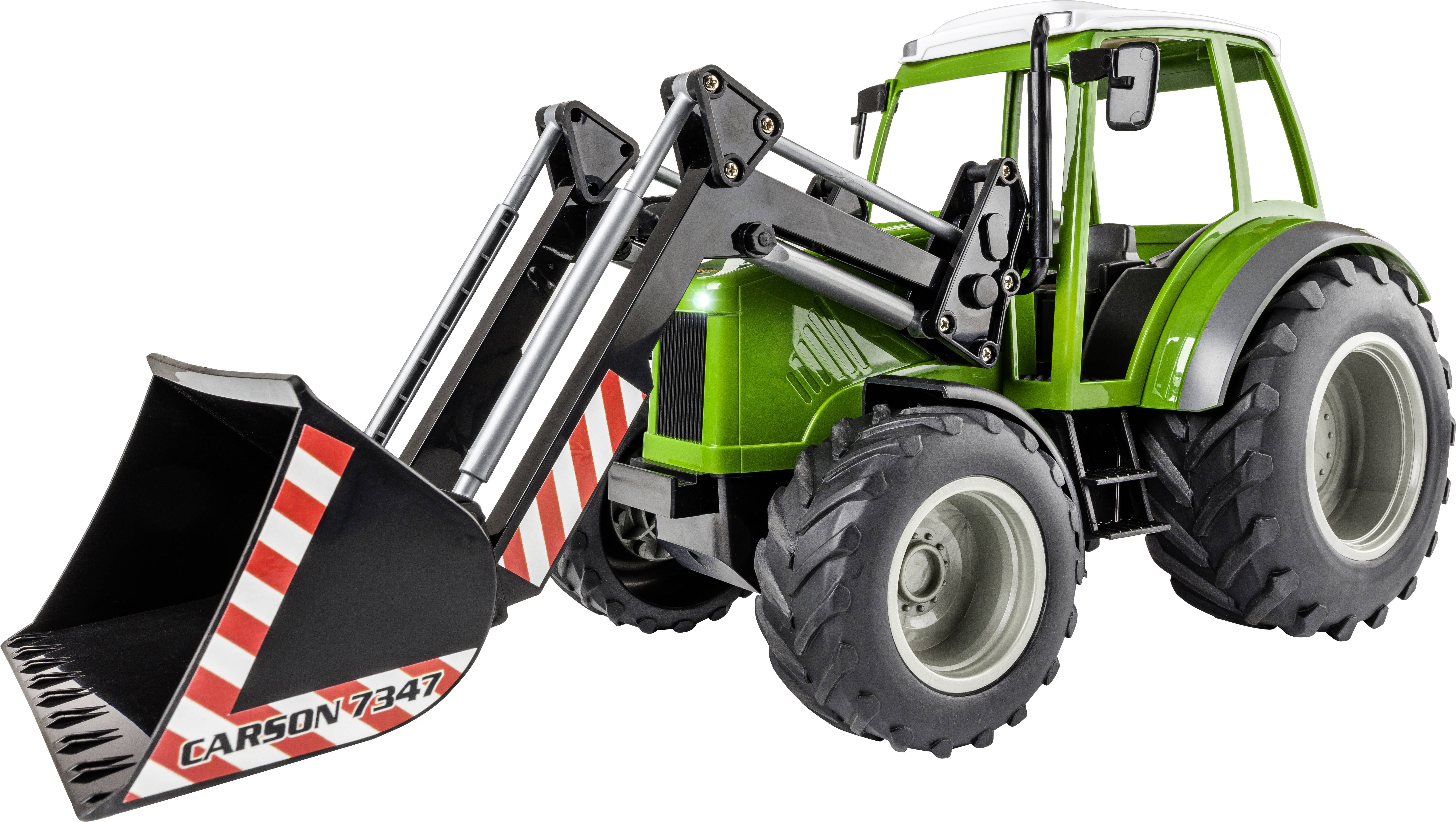 Green tractor with front loader and large tyres, pictured from the side. The bucket displays 'Carson 7347'.