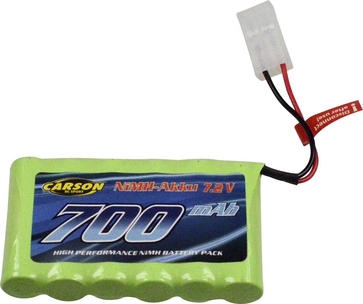 Green NiMH battery with 7.2 V and 700 mAh capacity, suitable for RC models.