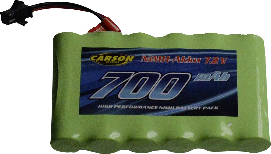 Battery pack with the label 'NiMH Battery 7.2 V, 700 mAh', green, suitable for high-performance applications, with connection cable.