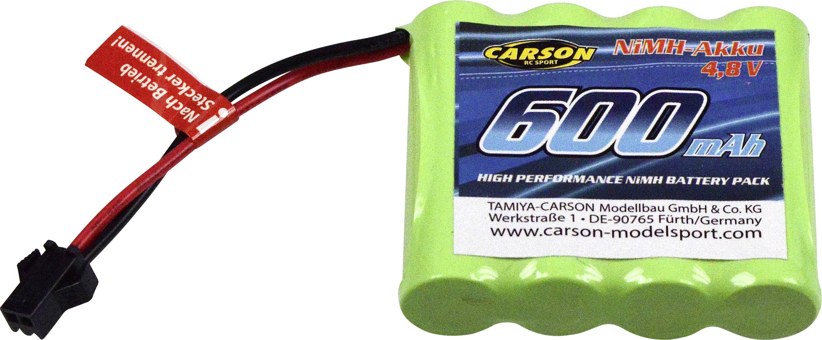 Green battery pack by Carson with 600 mAh, 4.8V. Cable and plug for connection are visible.