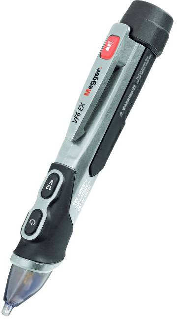 Magnetic Voltage Detector with Torch Function. Grey and black design, compact and portable. Safety instructions printed.