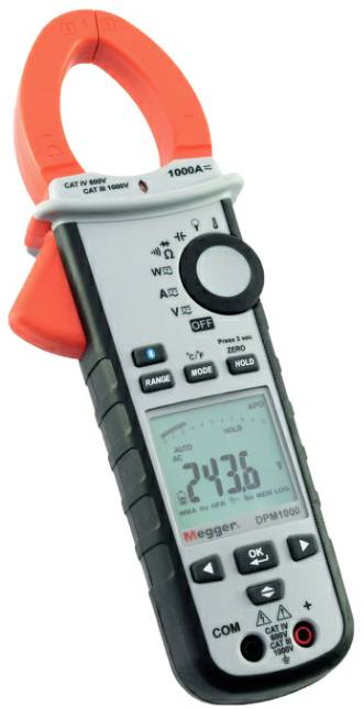 A digital clamp ammeter with display. Measures electric current in amperes. Brand name on the bottom of the device.