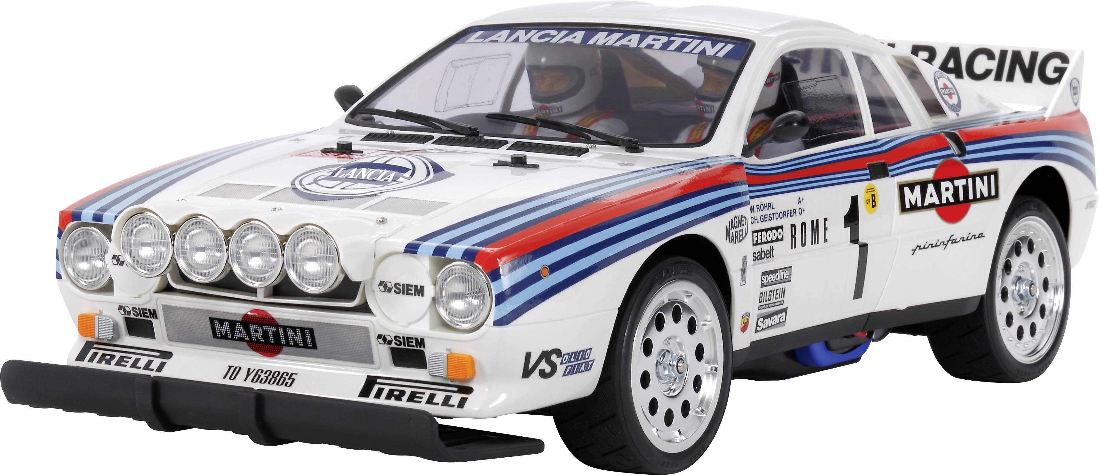 Toy car in rally style, Lancia vehicle with 'Martini' sponsorship, rally stripes, and headlights. Racing design elements.