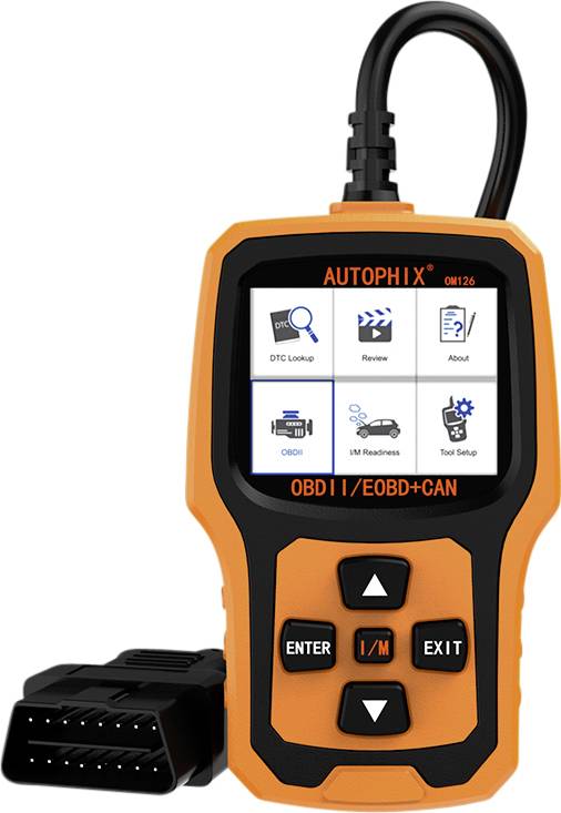 An orange OBD II diagnostic scanner with a screen displays options such as DTC lookup and I/M readiness. Vehicle diagnostic device.