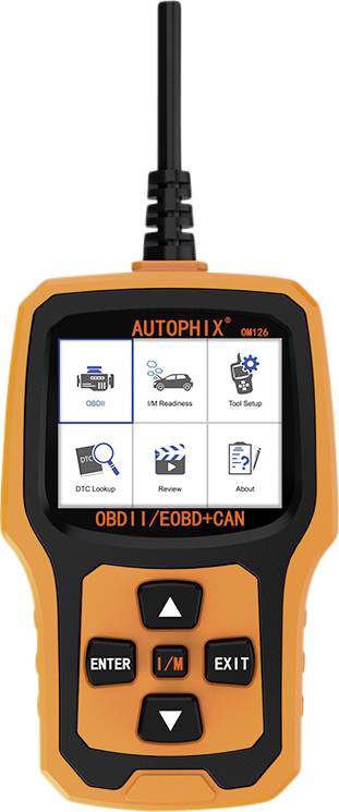 An orange and black OBD2 diagnostic device with a display. Shows symbols for OBD2, IM Readiness, Tool Setup, DTC Search and more.
