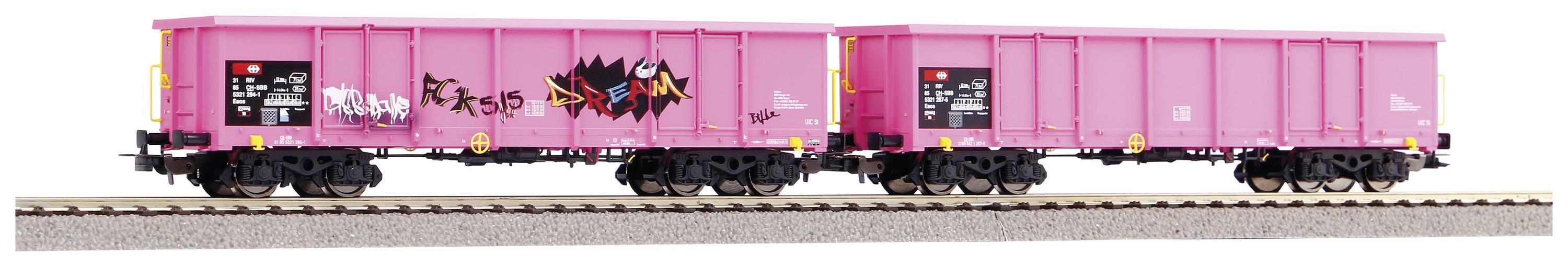 Piko H0 58393 H0 2er set open goods wagon Eaos with graffiti of SBB