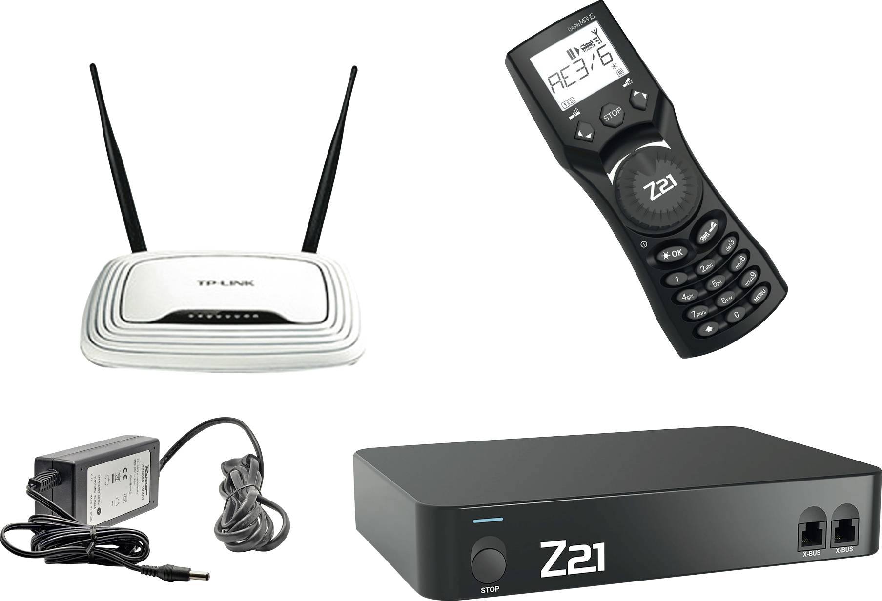 A Wi-Fi router, a remote control with a display, and a cable lead to a black streaming box marked 'Z21'.
