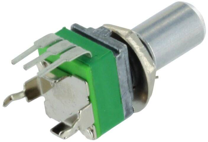 A green rotary knob with four metal pins and a silver shaft. Commonly used for control in electronic devices.