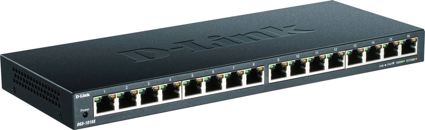 A black 16-port Ethernet switch by D-Link with LED indicators on the front for network connections.