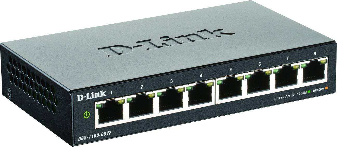 A black D-Link 8-port network switch with green and orange LED status indicators. Model number 'DGS-1100-08V2'.