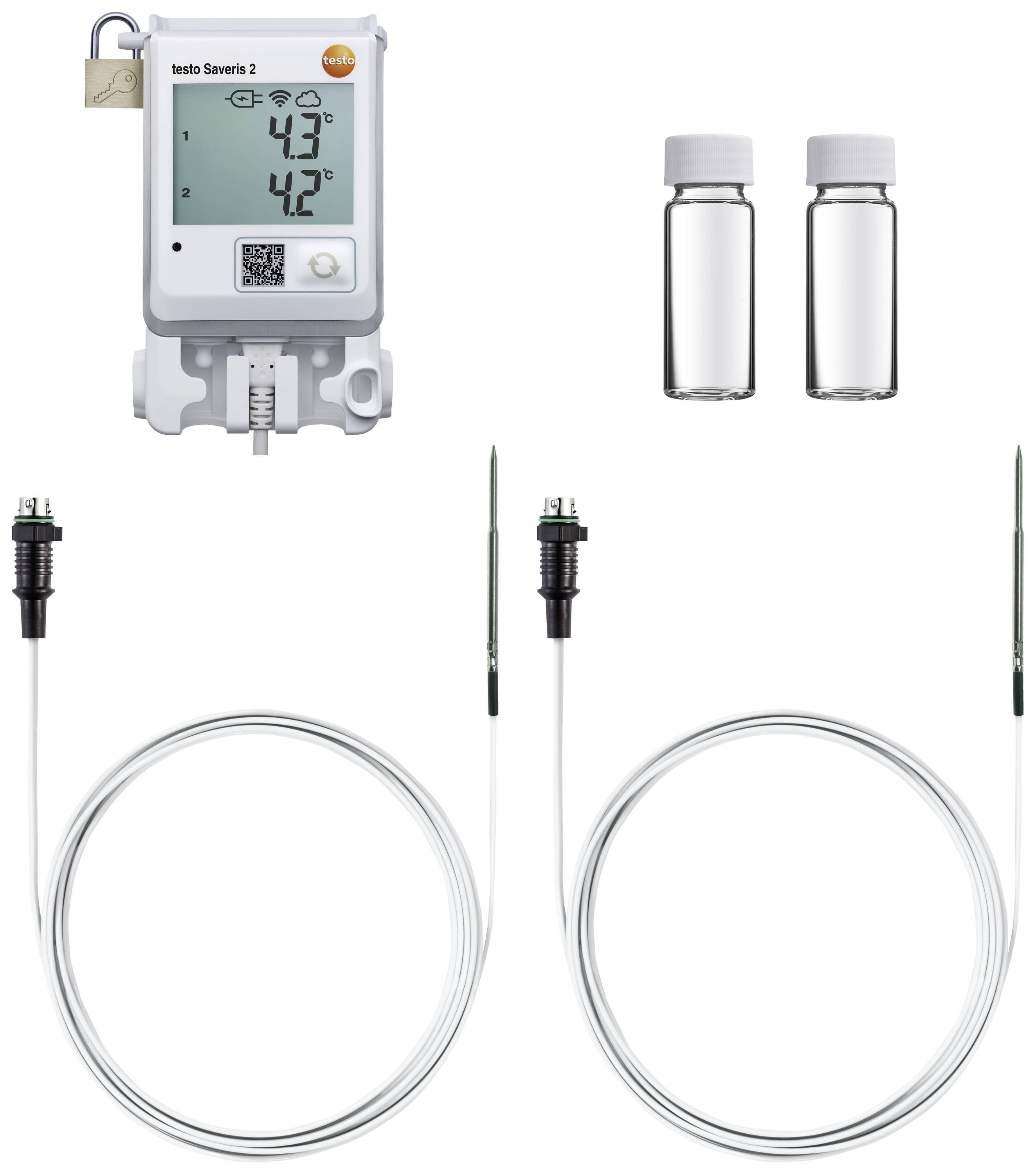 A digital thermometer with display for temperature and humidity, two temperature sensors and two small vials.