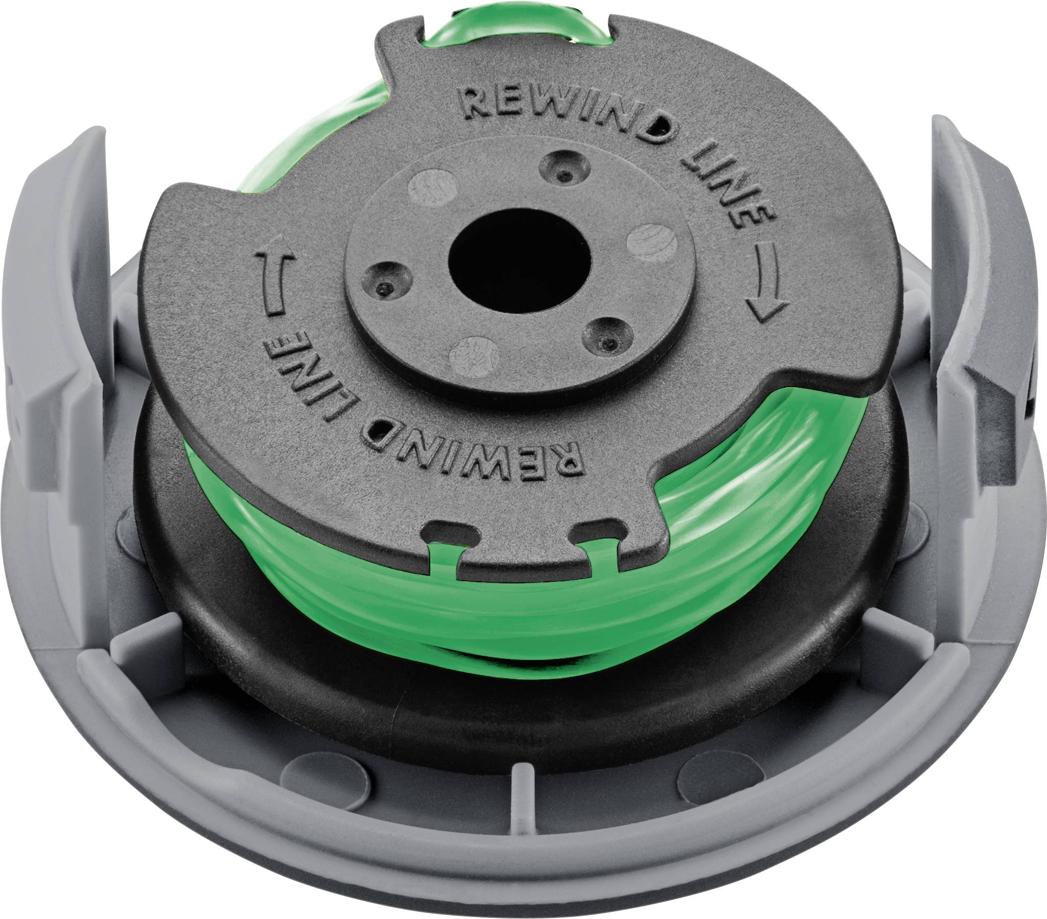 A green spool of trimmer line for a lawn strimmer with the text 'REWIND LINE'. It shows arrows indicating the spool direction.