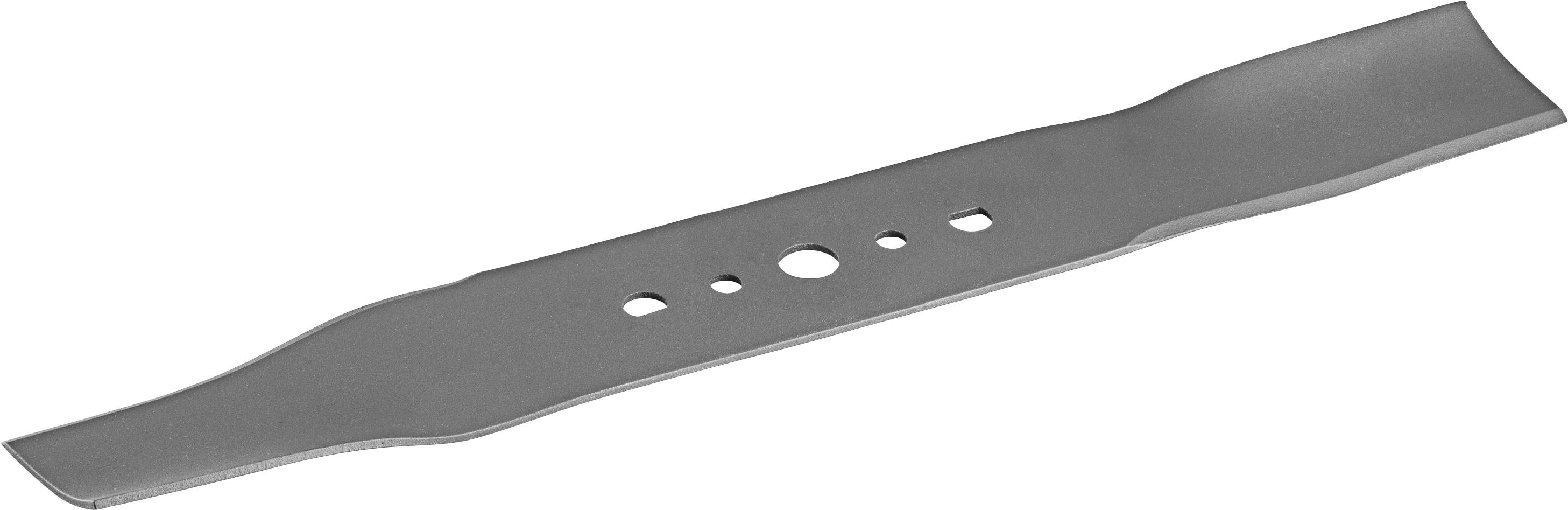 A lawnmower blade with multiple holes in the centre, both ends slightly curved, used for effective grass reduction.