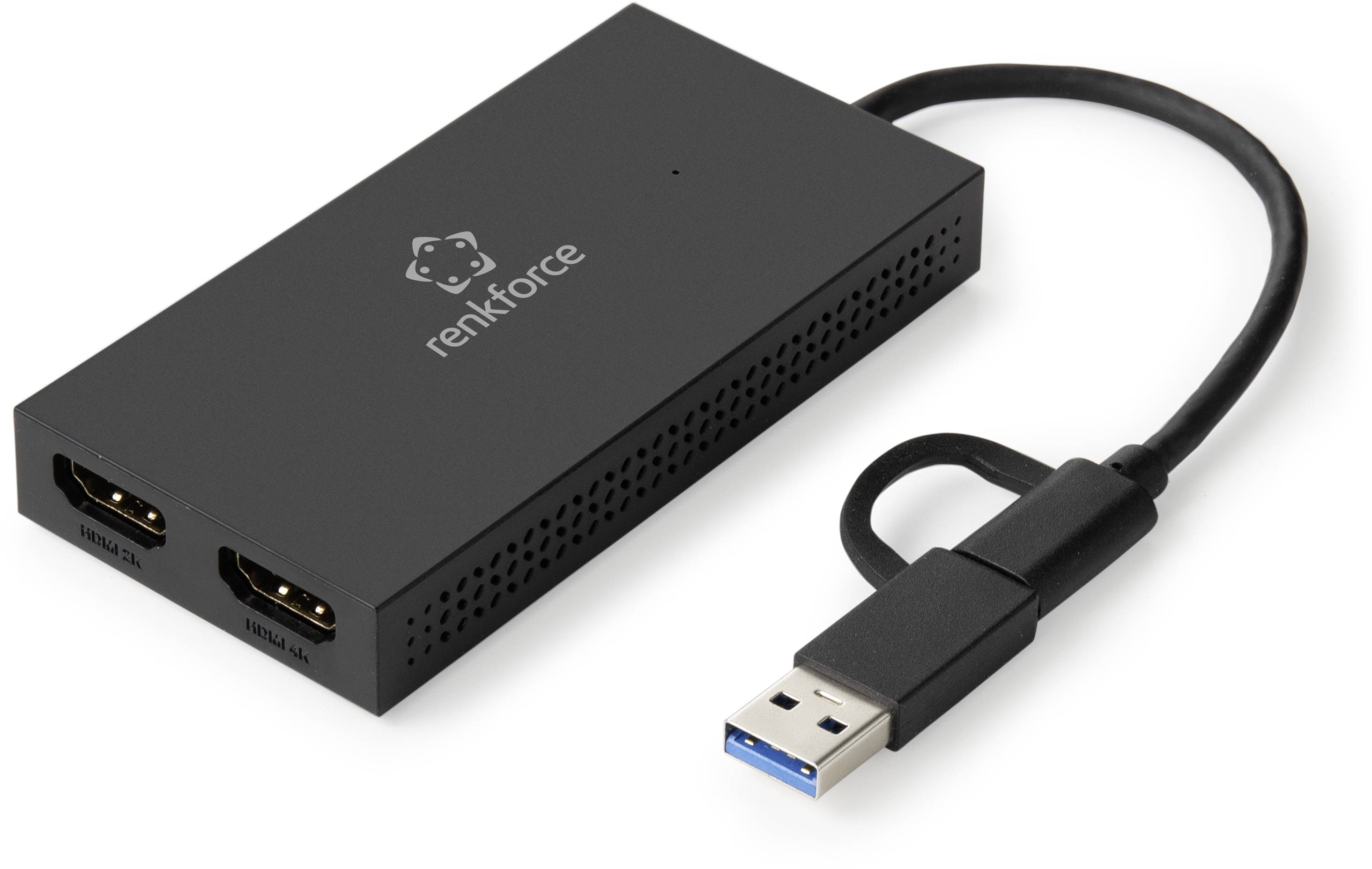 Renkforce USB 3.0 to HDMI Adapter, black, with two HDMI ports for external displays.