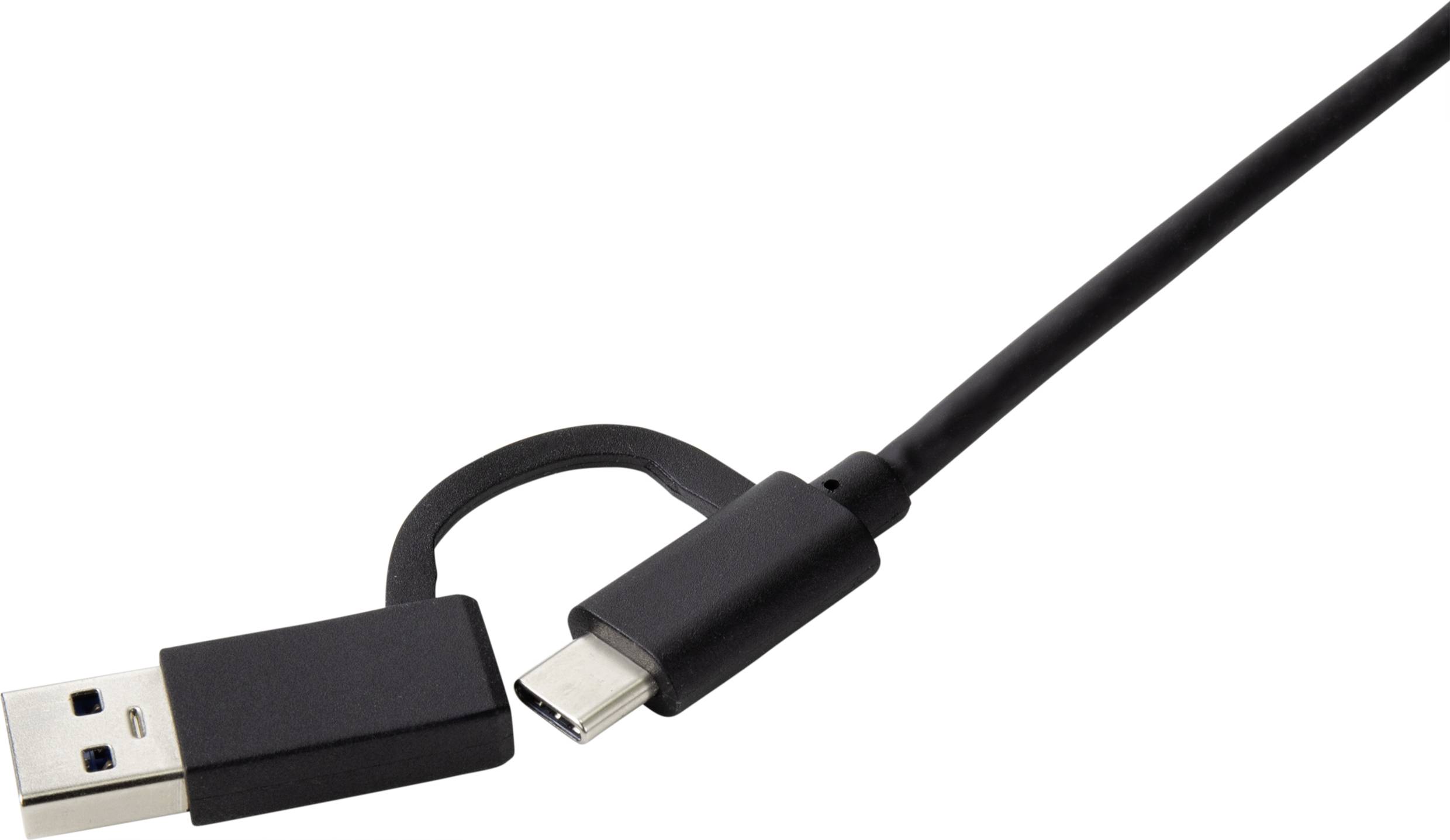 USB-A to USB-C cable, black, with both connectors visible; used for connecting and charging devices.