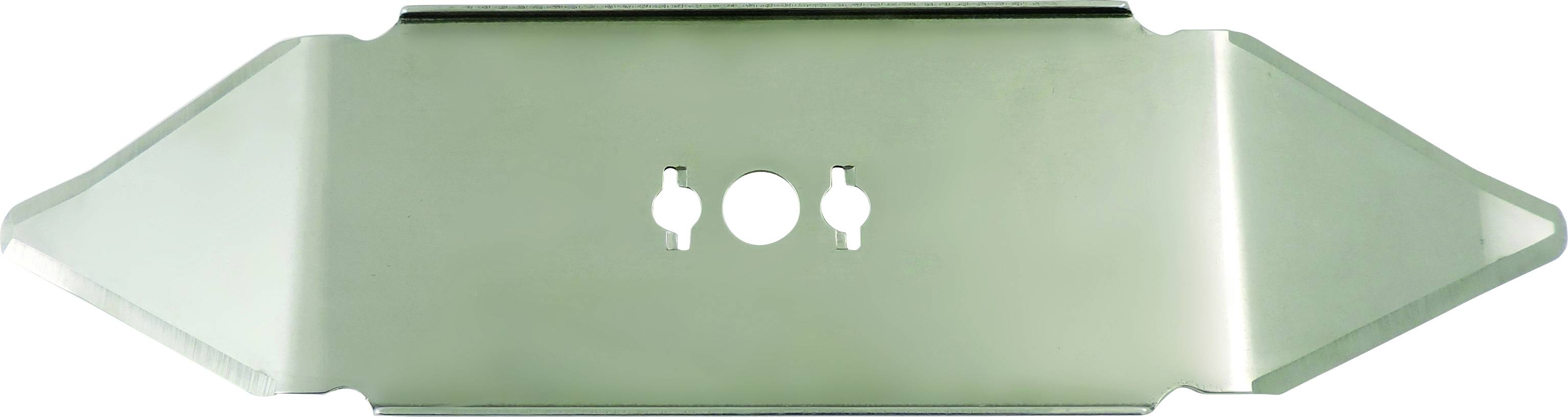 A lawnmower blade with two symmetrical cutting edges and a central mounting hole, suitable for efficient grass cutting.