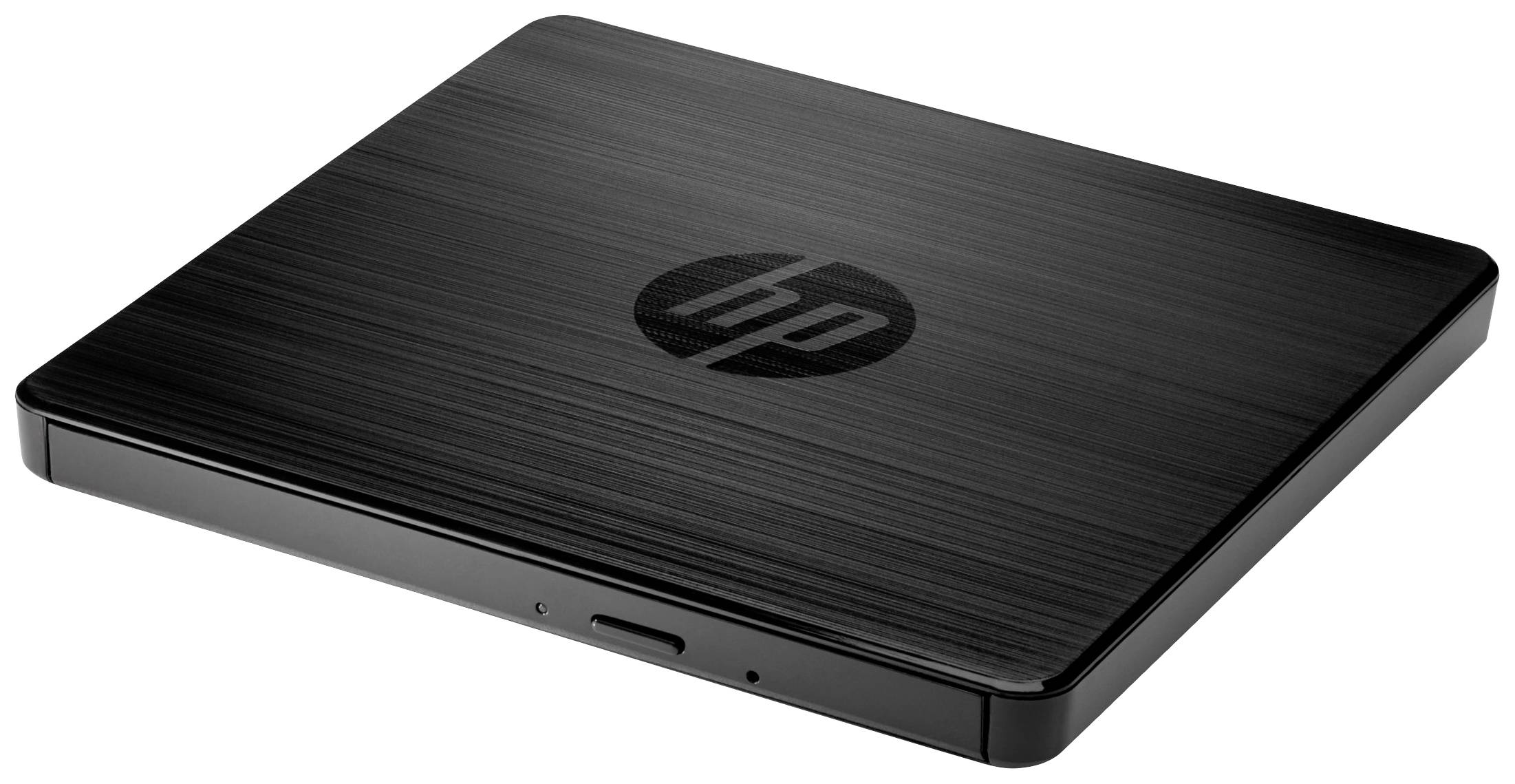 A slim, black external CD/DVD writer from HP with the logo on top, suitable for computers without an integrated optical drive.