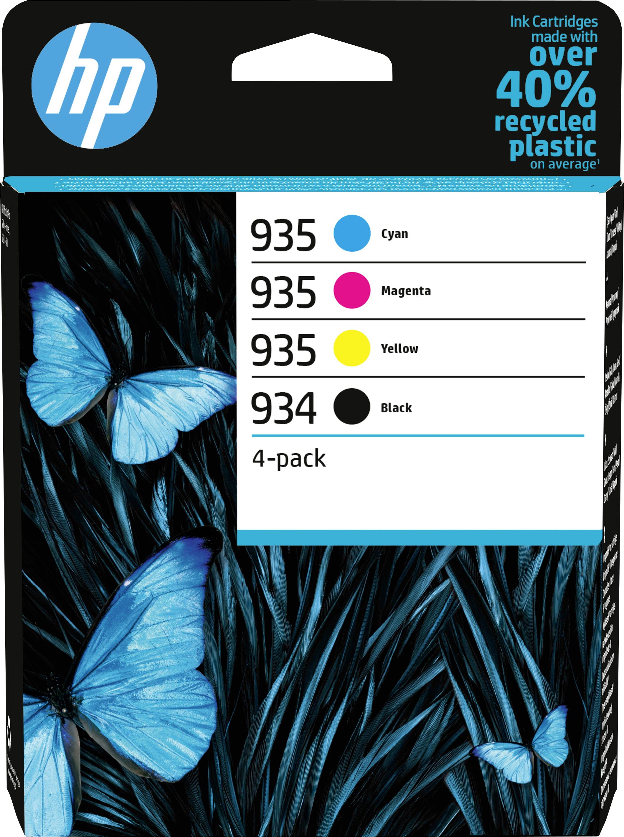 Packaging of HP Ink Cartridges 935 with four colours: Cyan, Magenta, Yellow, Black. Manufactured from over 40% recycled plastic. Background shows blue butterflies and grasses.